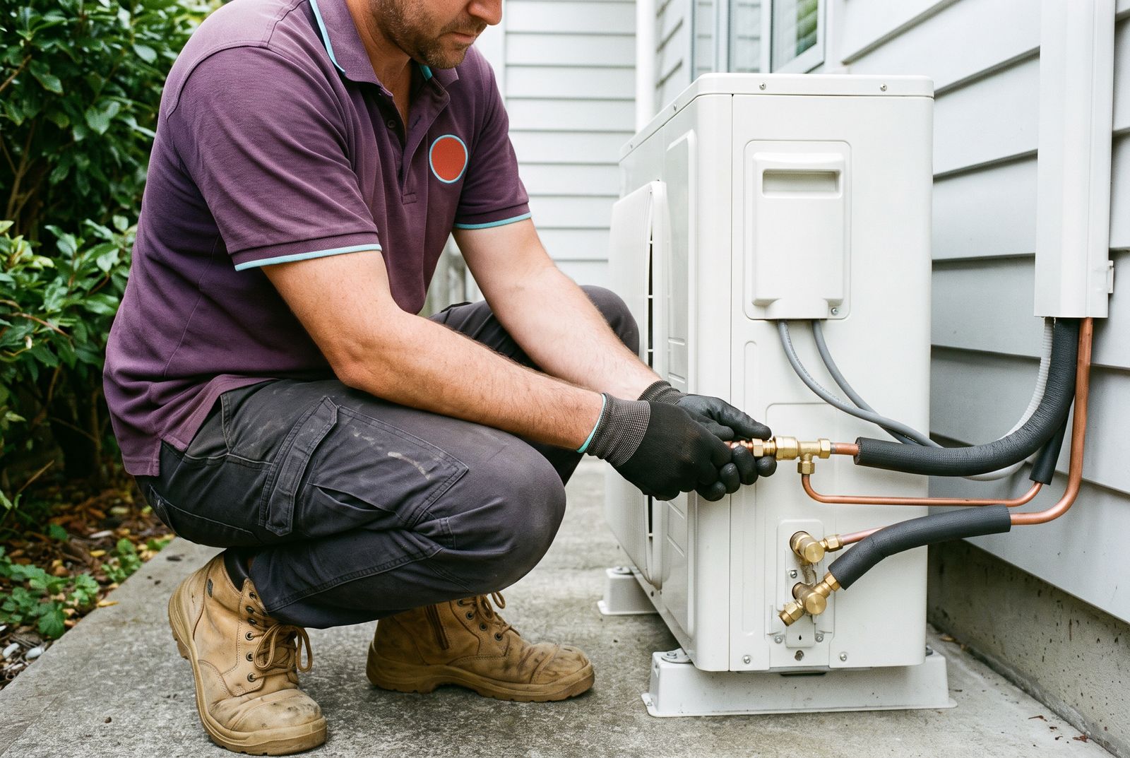 A multi-split outdoor unit being connected beside an Auckland townhouse